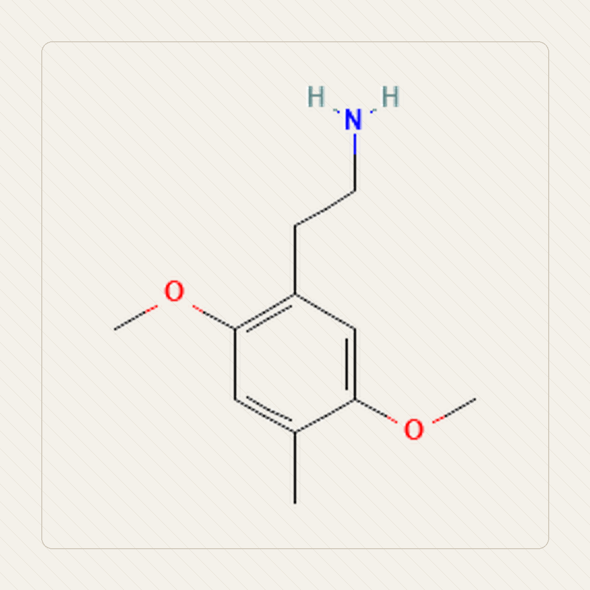 2C-D 2,5-dimetoksy-4-metylofenetyloamina, educational illustration of the molecular structure