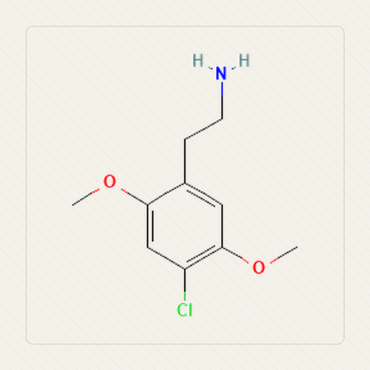 2C-C 2,5-dimetoksy-4-chlorofenetyloamina, educational illustration of the molecular structure